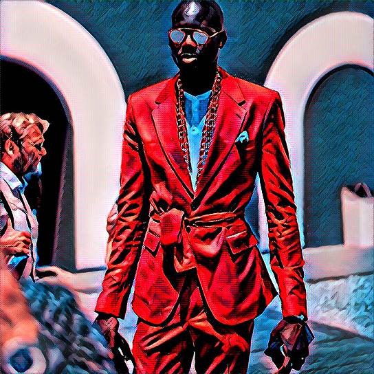 Фотография посетителя выставки мужской моды Pitti Uomo 2016, обработанная в приложении Prisma