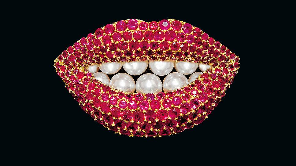 Репродукция броши Сальвадора Дали &quot;Рубиновые губы&quot;. Генрик Кастон. Желтое золото, рубины, культивированный жемчуг, 1970-1980 годы
