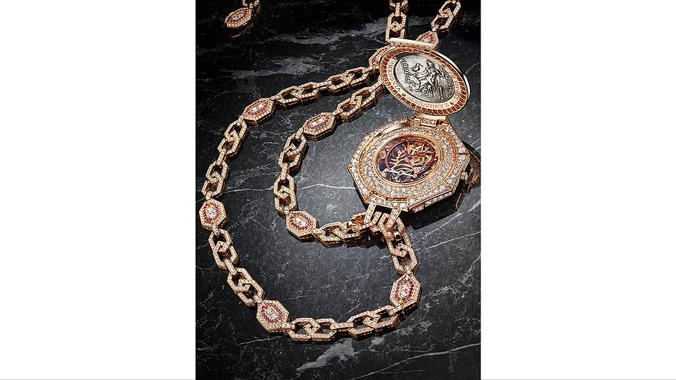 Колье Secret Watch Monete с секретными часами, механизм с ручным заводом, розовое золото, серебряная монета 336-326 гг. до н. э., рубины, бриллианты 
