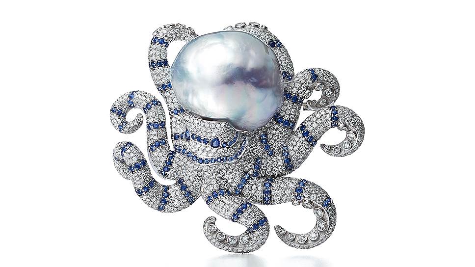 Брошь Blue Book Octopus Baroque, платина, барочная жемчужина, сапфиры, бриллианты, 2016 год 
