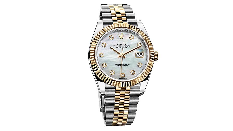 Часы Oyster Perpetual Datejust 41, сталь, желтое золото, перламутр, бриллианты, Rolex 
