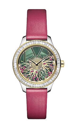 Dior, часы Dior Grand Bal les Jardins, белое и желтое золото, розовые сапфиры, бриллианты, 36 мм, автоматический механизм 