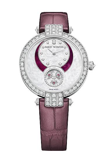 Harry Winston, часы Premier Diamond Second Automatic, белое золото, перламутр, розовые сапфиры, бриллианты, 36 мм автоматический механизм