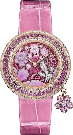 Van Cleef &amp; Arpels, часы Charms Extraordinaire Fee Sakura, розовое золото, сапфиры, бриллианты, корпус 32 мм, кварцевый механизм 