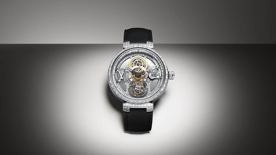 Часы Tambour Moon Tourbillon Vollant, платина, бриллианты, 42,5 мм, механизм с ручным заводом 