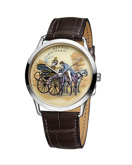 Часы Slim d&#39;Hermes Promenade de Langchamp, белое золото, верблюжья кость