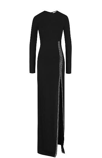 Saint Laurent, бархатное платье макси с длинным рукавом и высоким разрезом