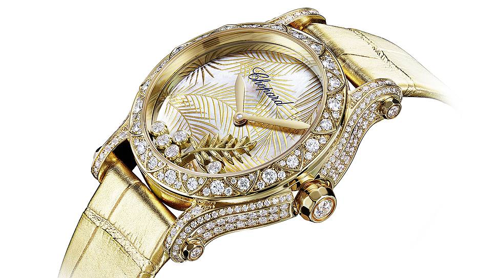 Часы Happy Palm, 36 мм, механизм с ручным подзаводом, желтое золото с сертификатом Fairmined, перламутр, бриллианты