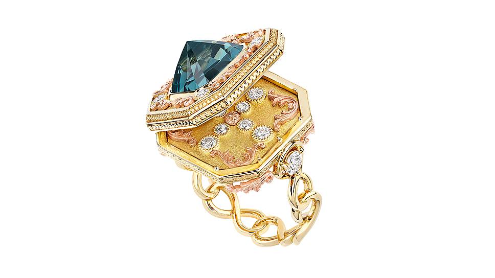 Кольцо Volupte Spinelle Bleu, желтое и розовое золото, бриллианты, синяя шпинель 
