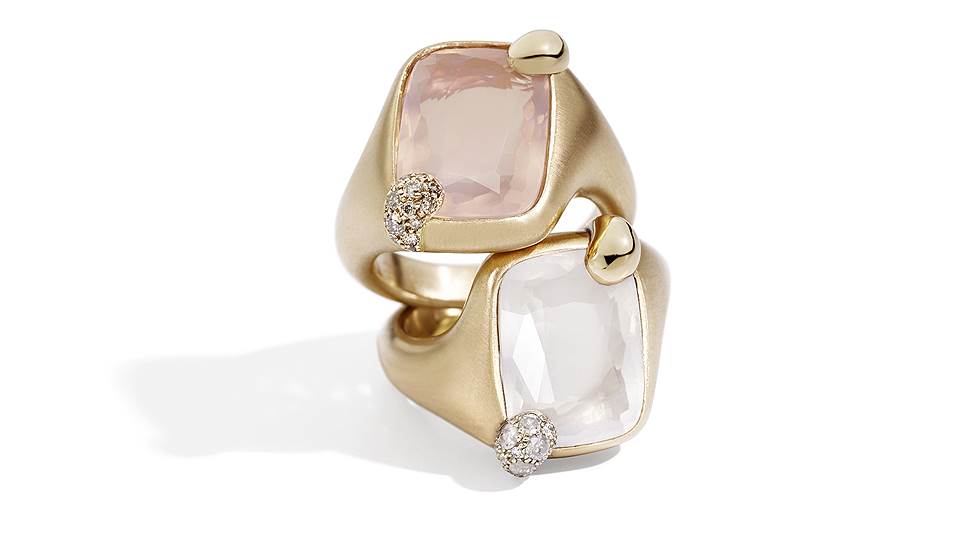 Pomellato, кольца Ritratto, розовое золото, розовый и белый кварц, бриллианты 
