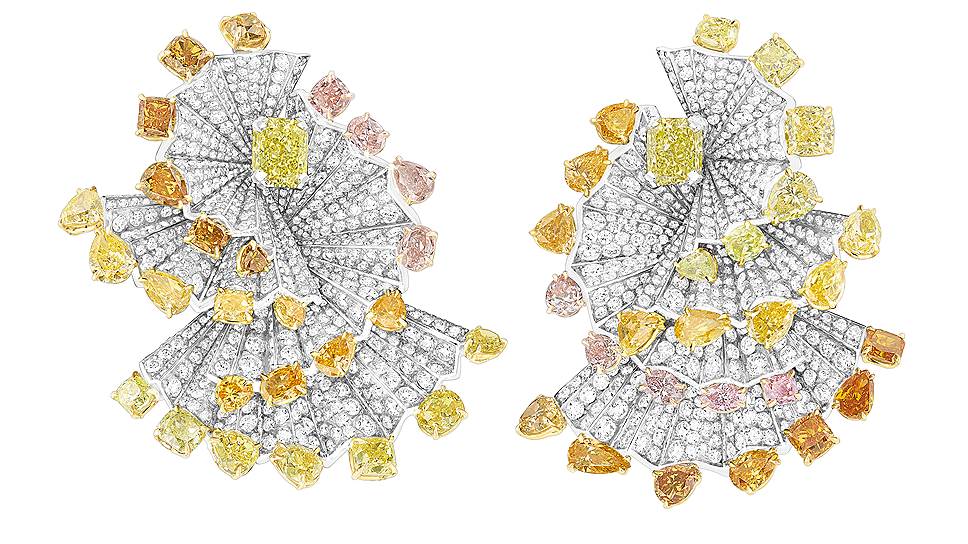 Серьги Archi Dior Verticale Plissee Diamant Jaune, розовое, желтое и белое золото, оранжевые, желтые, белые и розовые бриллианты, 2014 год 
