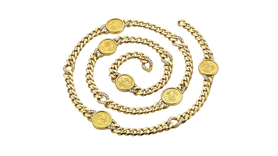 Сотуар Monete, желтое золото, византийские золотые монеты, бриллианты, 1975 год, в прошлом принадлежал Элизабет Тейлор, сейчас — коллекции наследия 
