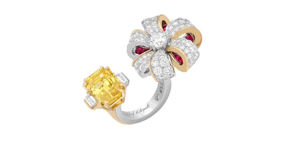 Кольцо Giovanna, белое и желтое золото, желтый сапфир, рубины, бриллианты