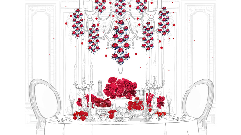 Серьги Red Carpet, белое золото, рубины, бриллианты. Иллюстрация Меган Хесс