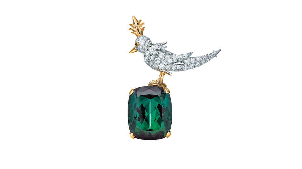 Tiffany &amp; Co., брошь Schlumberger Bird, платина, желтое золото, изумруд, бриллианты