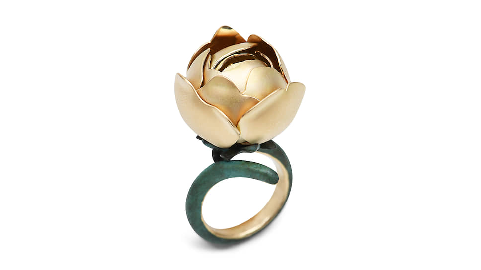 Emmanuel Tarpin, кольцо Globeflower, патинированная бронза, матовое желтое золото, желтые сапфиры, бриллианты