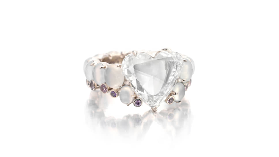 Sabba, кольцо, розовое золото, агат, бесцветный бриллиант огранки «сердце» и розовые бриллианты