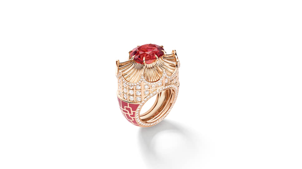 Кольцо Qianlong, розовое золото, лак, розовый турмалин, бриллианты