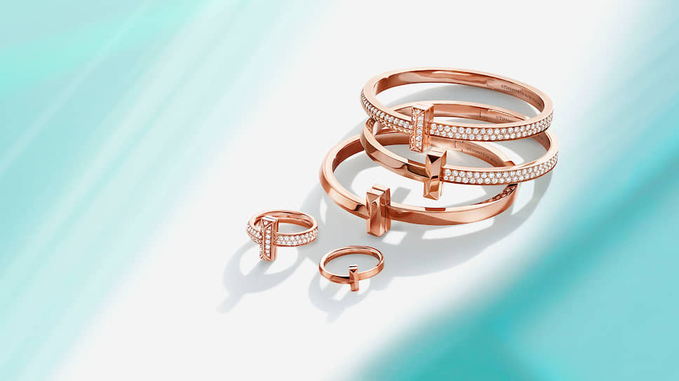 Браслеты и кольца Tiffany T1, розовое золото, бриллианты