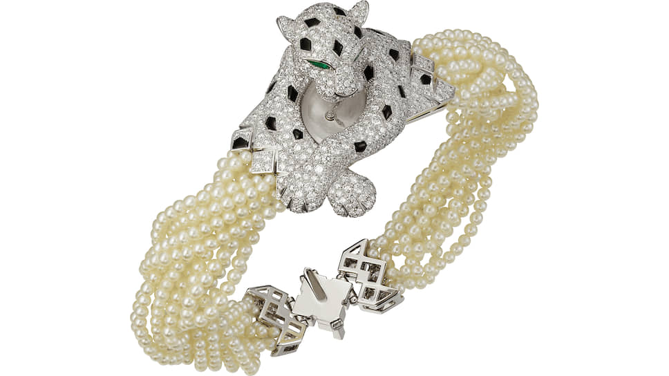 Cartier, браслет Panthere, белое золото, жемчуг, оникс, изумруды, бриллианты