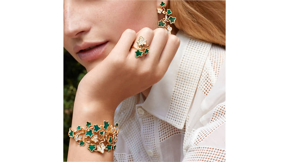 Dior Joaillerie, серьги, кольцо и браслет Leaves of Love, желтое золото, малахит, бриллианты