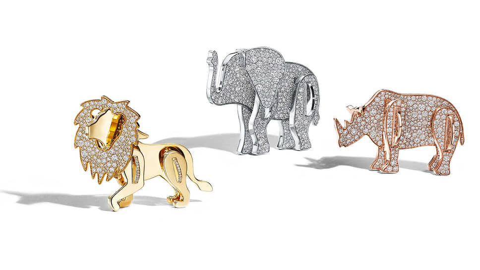 Броши в виде фигурок льва, слона и носорога из коллекции Tiffany &amp; Co. Save the Wild