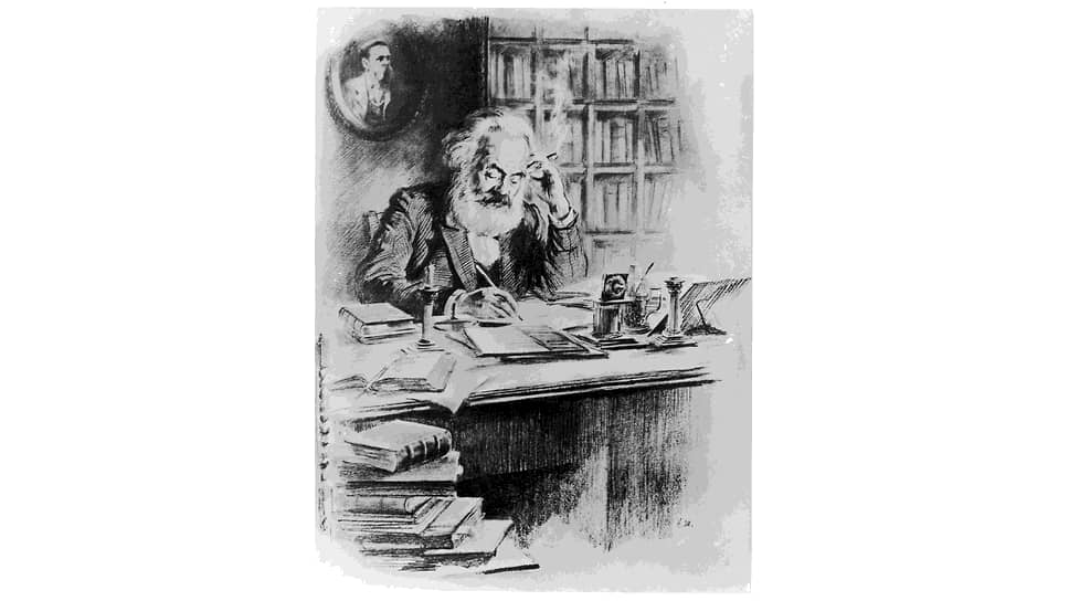 Двое в комнате — Маркс и Энгельс. Портретом на белой стене