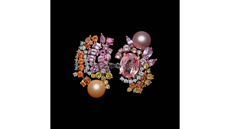 Кольцо Tie &amp; Dior, розовое золото, платина, бриллианты, жемчуг, сапфиры падпараджа, розовые и желтые сапфиры, спессартины