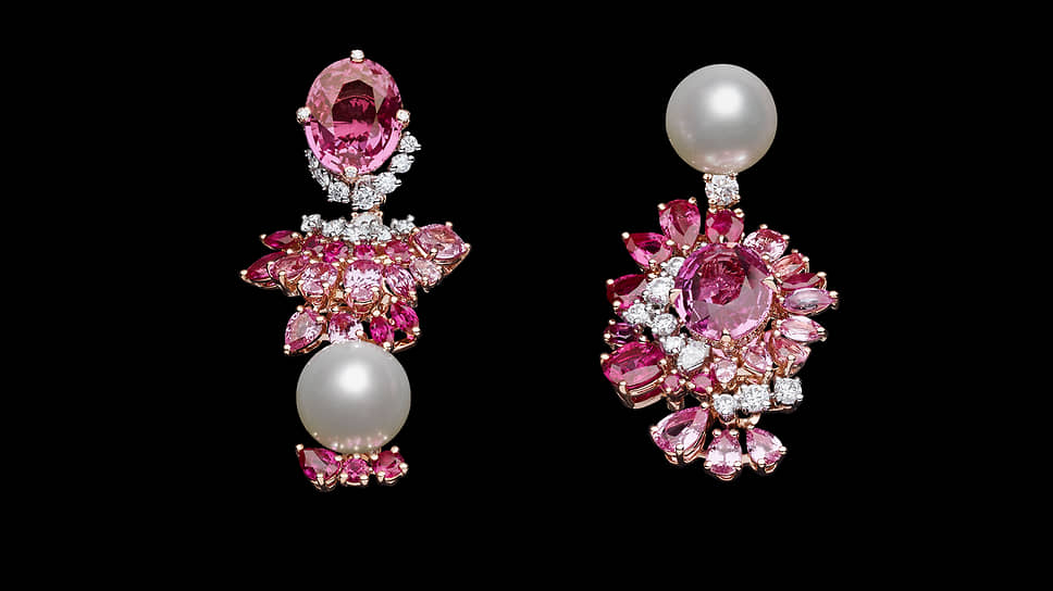 Серьги Tie &amp; Dior, розовое золото, платина, жемчуг, бриллианты, розовые сапфиры, рубины