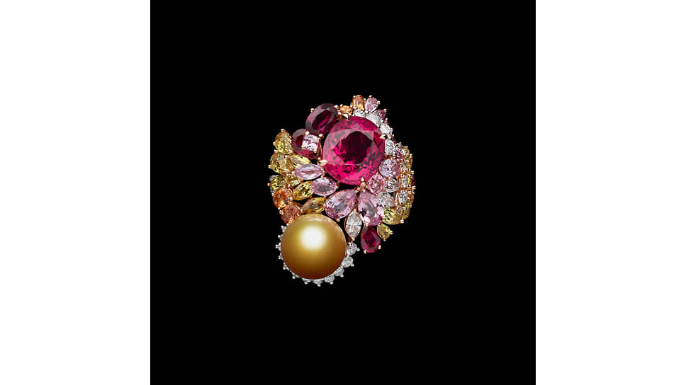 Кольцо Tie &amp; Dior, розовое и белое золото, платина, жемчуг, бриллианты, розовая шпинель, розовые и желтые сапфиры, рубины, спессартины