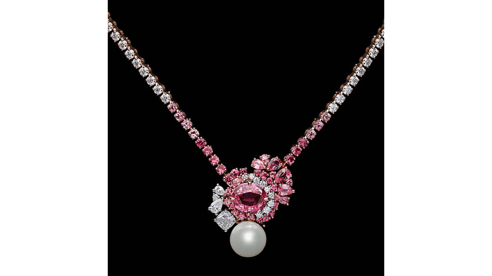 Колье Tie &amp; Dior, розовое золото, платина, жемчуг, бриллианты, розовые сапфиры, рубины
