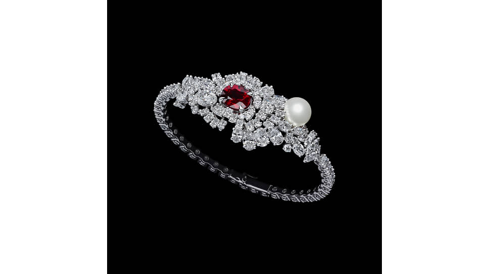 Браслет Tie &amp; Dior, белое золото, жемчуг, рубин, бриллианты
