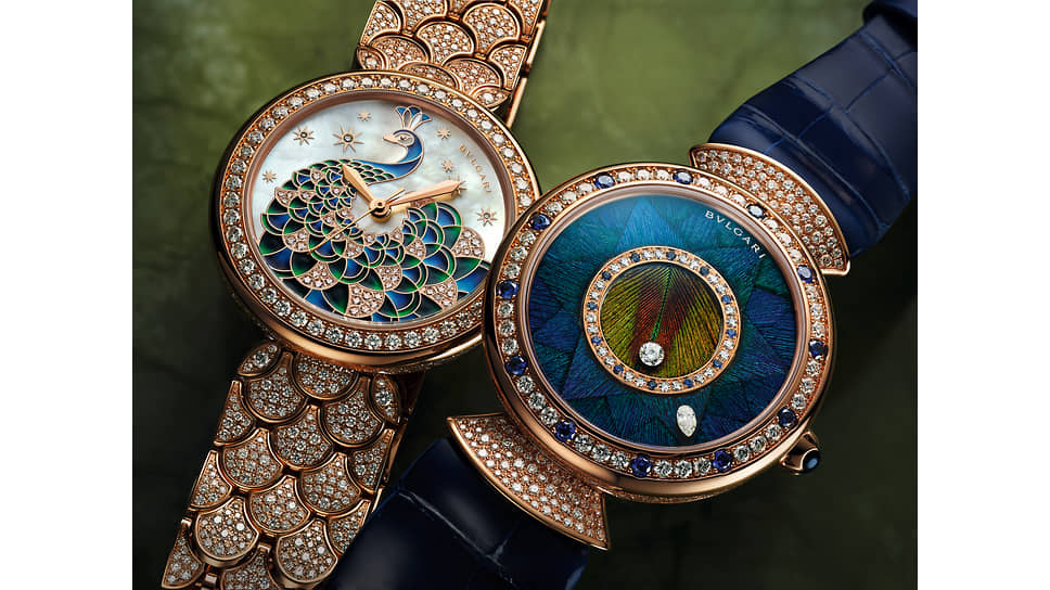 Слева: Bvlgari Divas&#39; Dream Peacock Diamonds; справа: Bvlgari Divas&#39; Dream Peacock Dischi в корпусе розового золота 33 мм. Ограниченная серия 50 экземпляров
