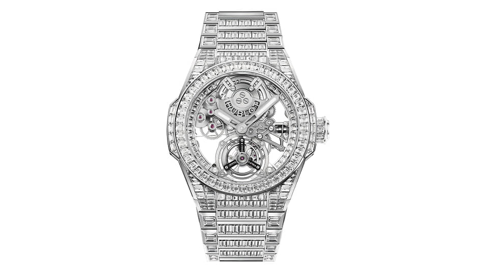 Часы Big Bang Integral Tourbillon High Jewellery, 43 мм, белое золото, бриллианты, механизм с автоматическим подзаводом, запас хода 72 часа