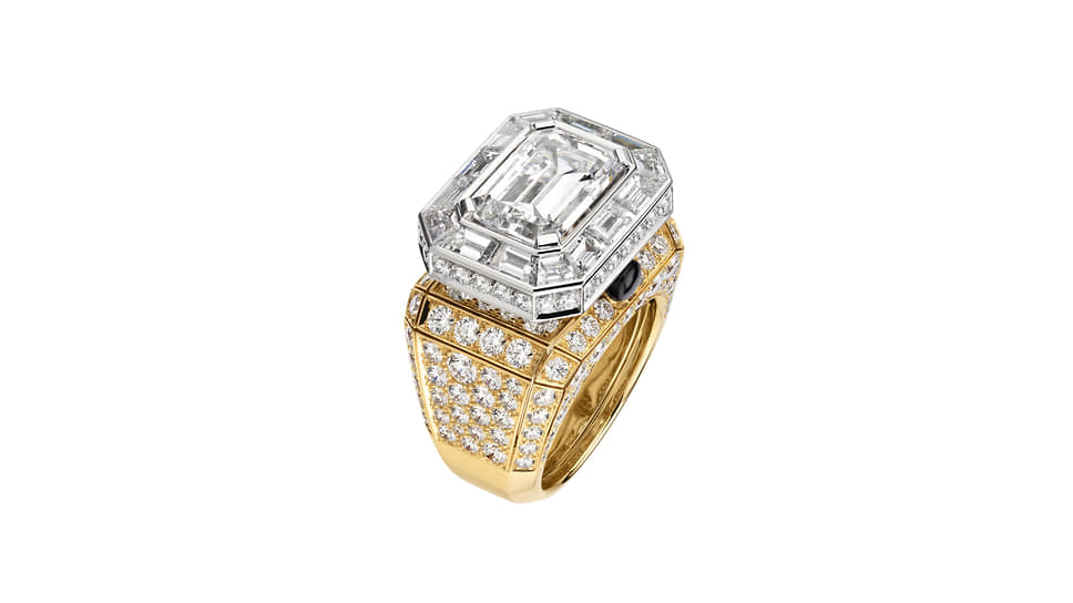 Кольцо Diamond Stopper, желтое золото, платина, оникс, бриллианты