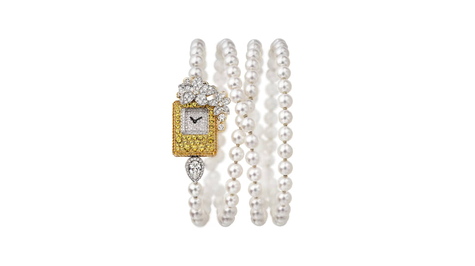 Часы Grasse Jasmine, белое и желтое золото, желтые сапфиры, бриллианты, культивированный жемчуг