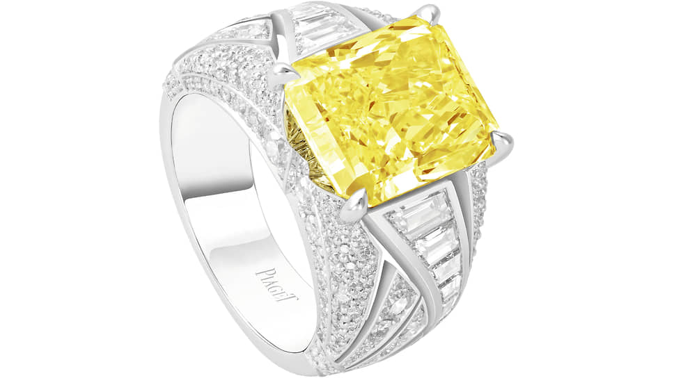 Piaget, кольцо Extraordinary Lights, белое золото, желтый бриллиант (5,54 карата), бесцветные бриллианты