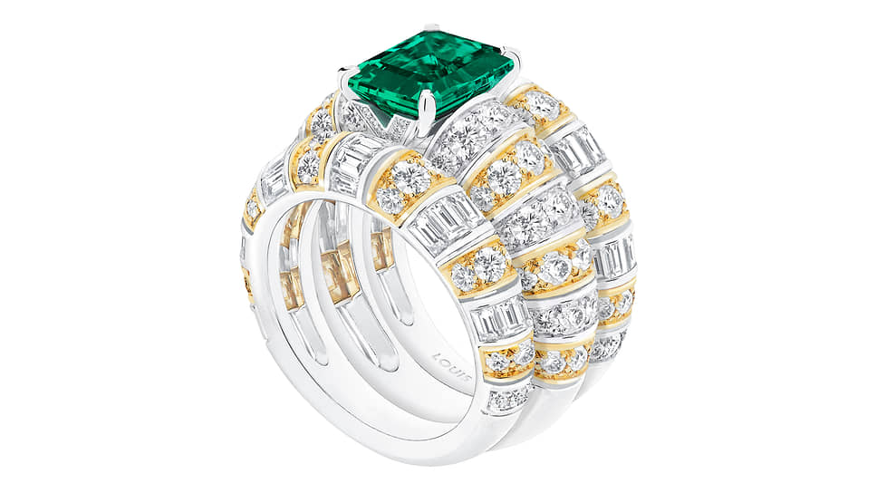 Louis Vuitton, кольцо L’Aventure, платина, желтое золото, изумруд (2,97 карата), бриллианты