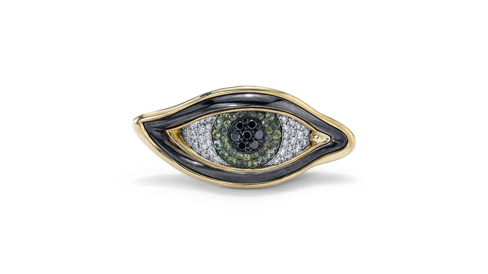 Vram, кольцо Eye of Chrona, золото, серебро, зеленые сапфиры, бесцветные и черные бриллианты