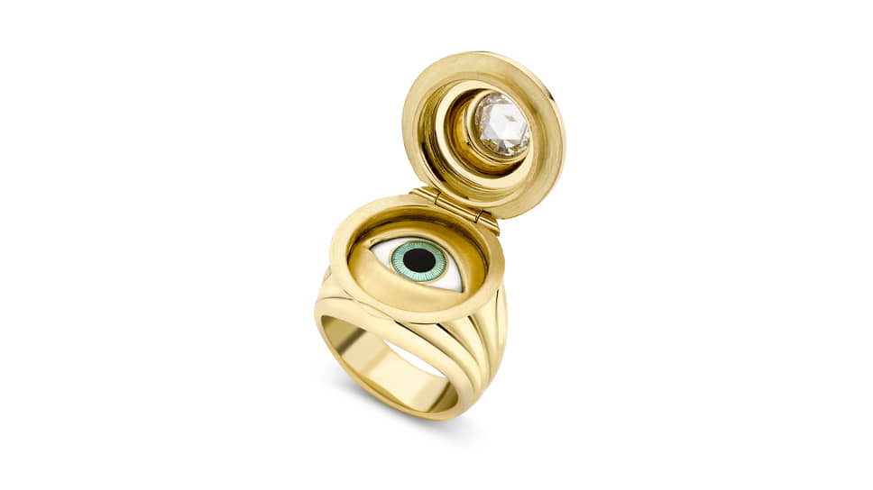 Theo Fennell, кольцо Evil Eye, желтое золото, эмаль, бриллиант