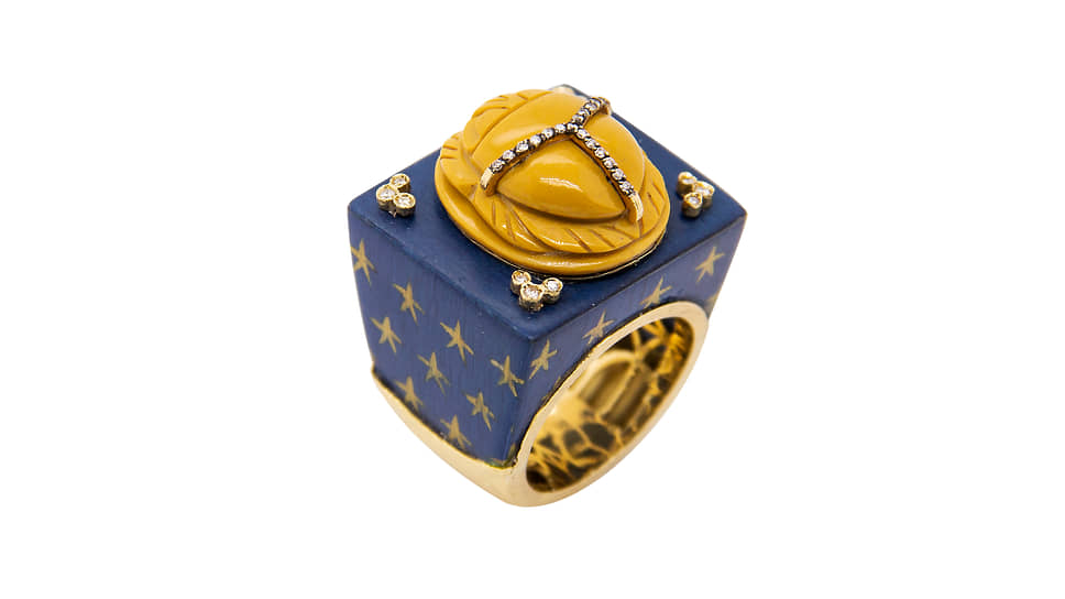 Silvia Furmanovich, кольцо Scarab Marquetry, желтое золото, бриллианты, яшма, дерево