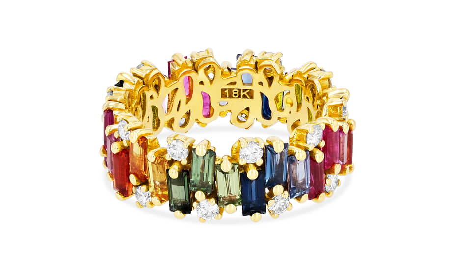 Suzanne Kalan, кольцо Rainbow Fireworks, желтое золото, бриллианты, разноцветные сапфиры