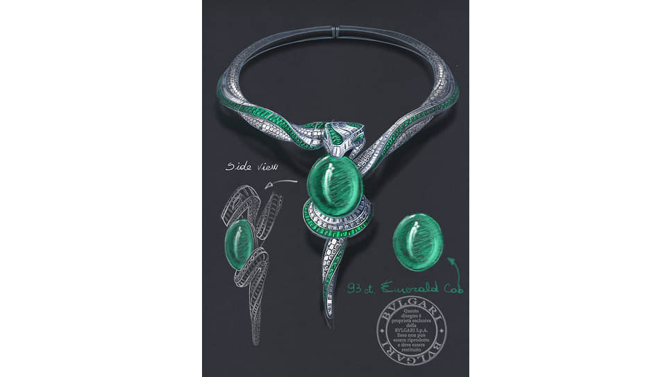 Эскиз колье Serpenti Hypnotic Emerald из платины с изумрудами и бриллиантами