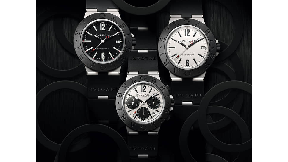 В линию часов Bvlgari Aluminium входят и модели с тремя стрелками, и модели со вторым часовым поясом, и хронограф, награжденный в прошлом году на женевском Grand Prix d’Horlogerie de Geneve