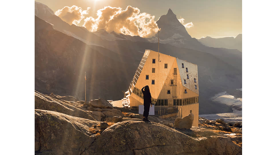 Швейцарские Альпы, здание, построенное ETH Zurich, не нуждающееся во внешнем питании электричеством, и художница Карла Чан во время работы над проектом для La Prairie