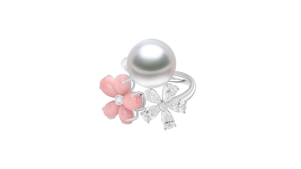 Кольцо Mercury Flower, белое золото, розовый опал, жемчуг, бриллианты