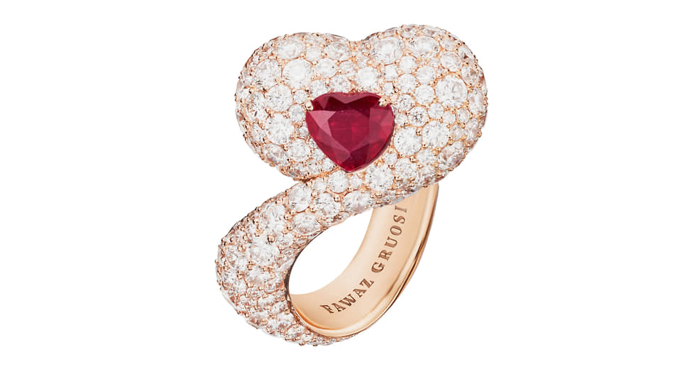 Fawaz Gruosi, кольцо, розовое золото, рубин, бриллианты