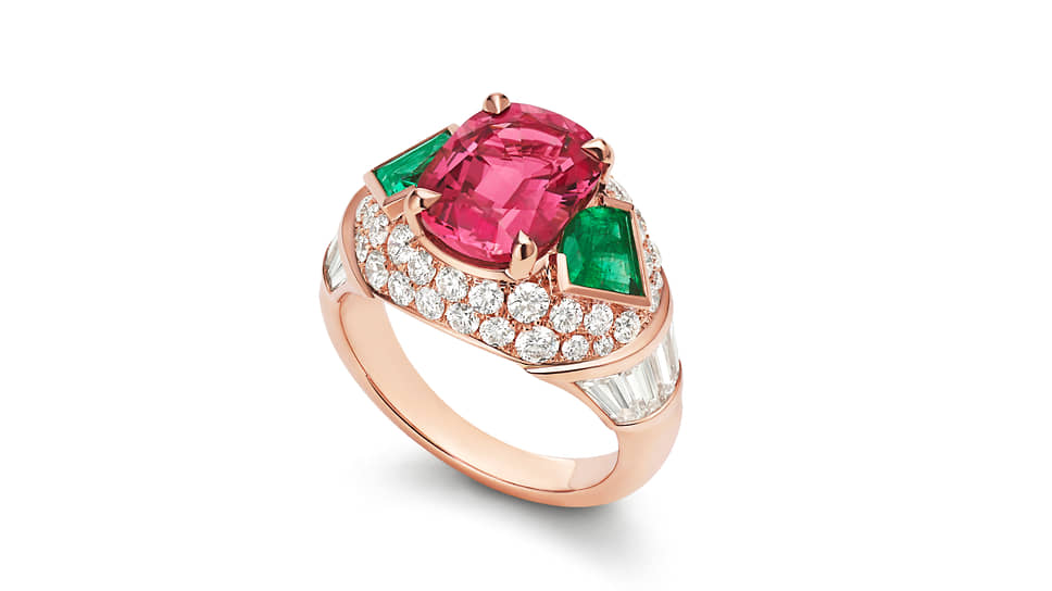 Кольцо Colour Journeys, розовое золото, шпинель, изумруды, бриллианты