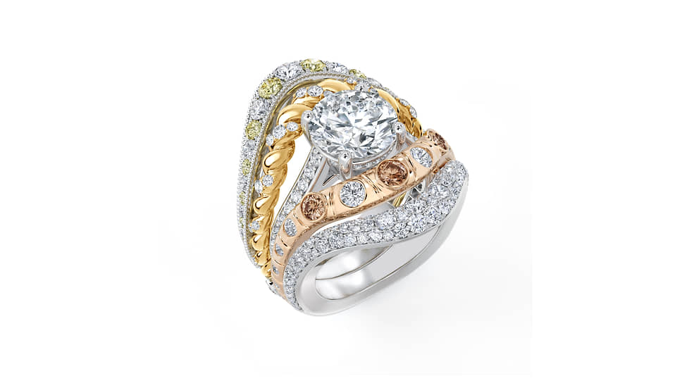 Кольцо Prelude Jacket, желтое, розовое и белое золото, центральный бриллиант 3,06 карата, бриллианты