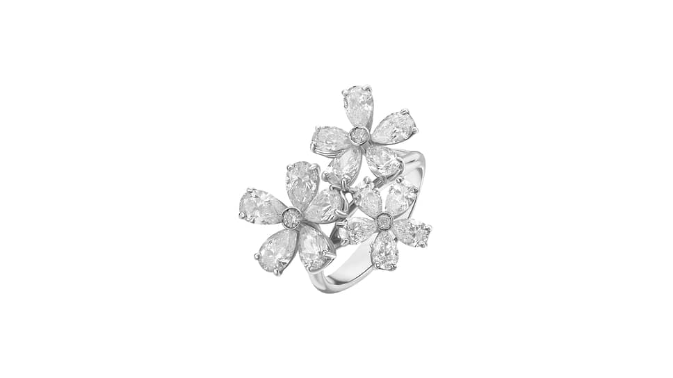 Кольцо Flower, белое золото, бриллианты круглой огранки и огранки «груша»